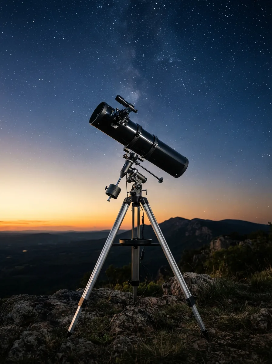 The Orion SpaceProbe 3 Telescope on its tripod against a twilight sky.