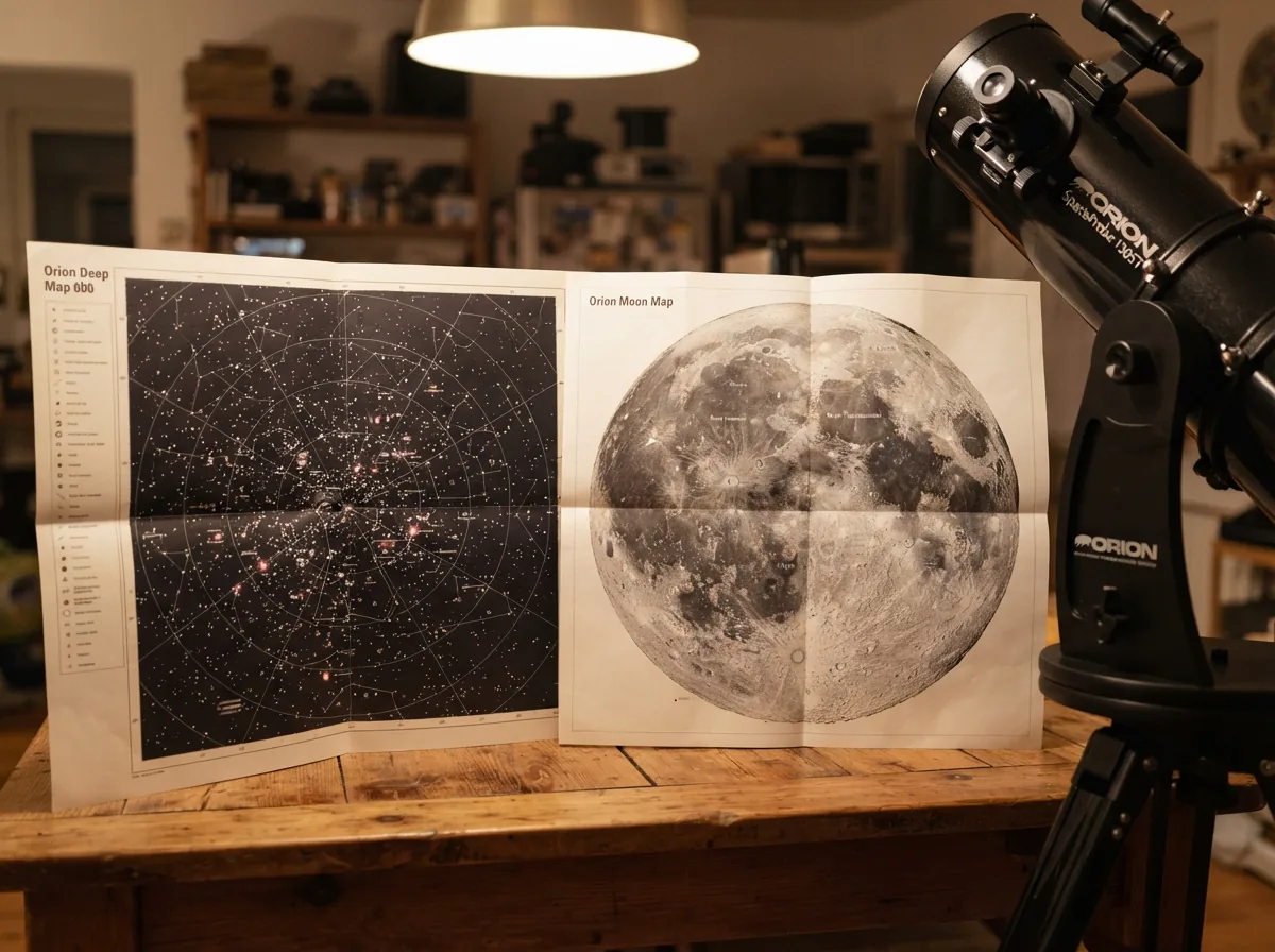 An Orion star map and moon map unfolded next to the Orion SpaceProbe 130ST telescope tube.