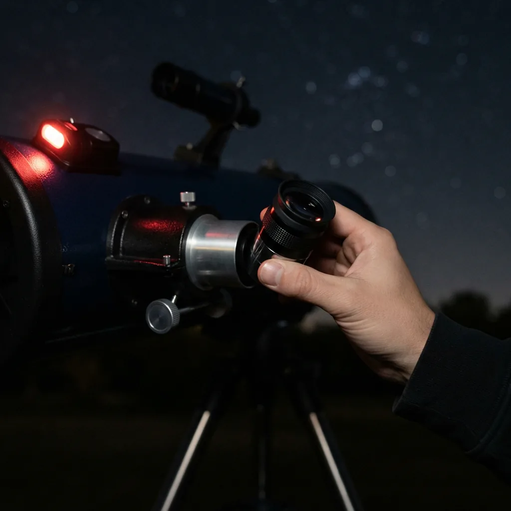 Inserting the 25mm eyepiece into the focuser of the Orion SpaceProbe 130ST telescope.