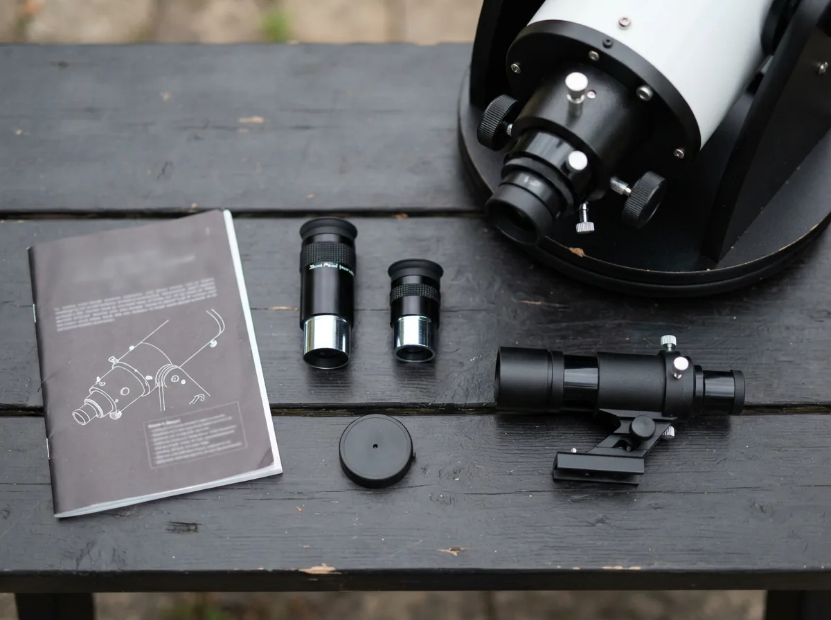 A set of telescope accessories including eyepieces, a finder scope, and a collimation tool laid out next to the telescope.