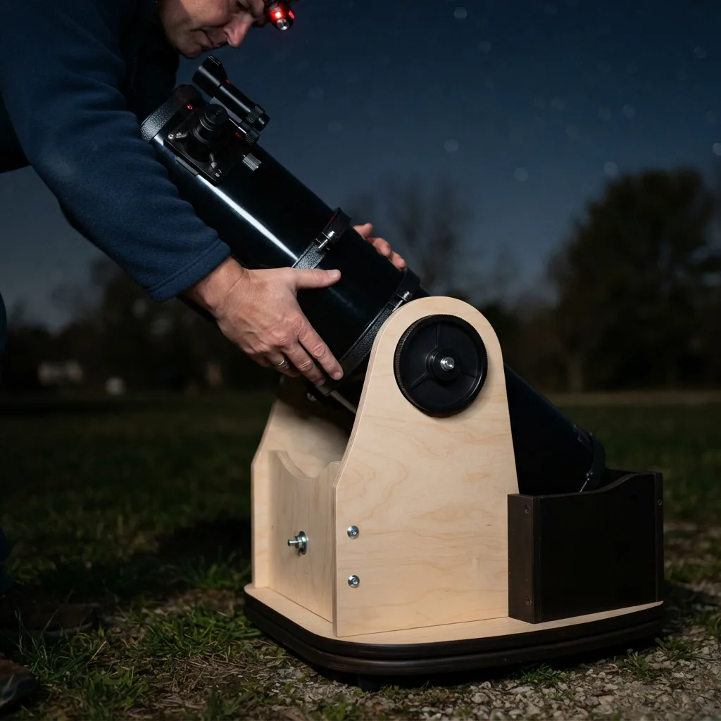 Placing the black Orion XT8 optical tube into the assembled Dobsonian base cradle.