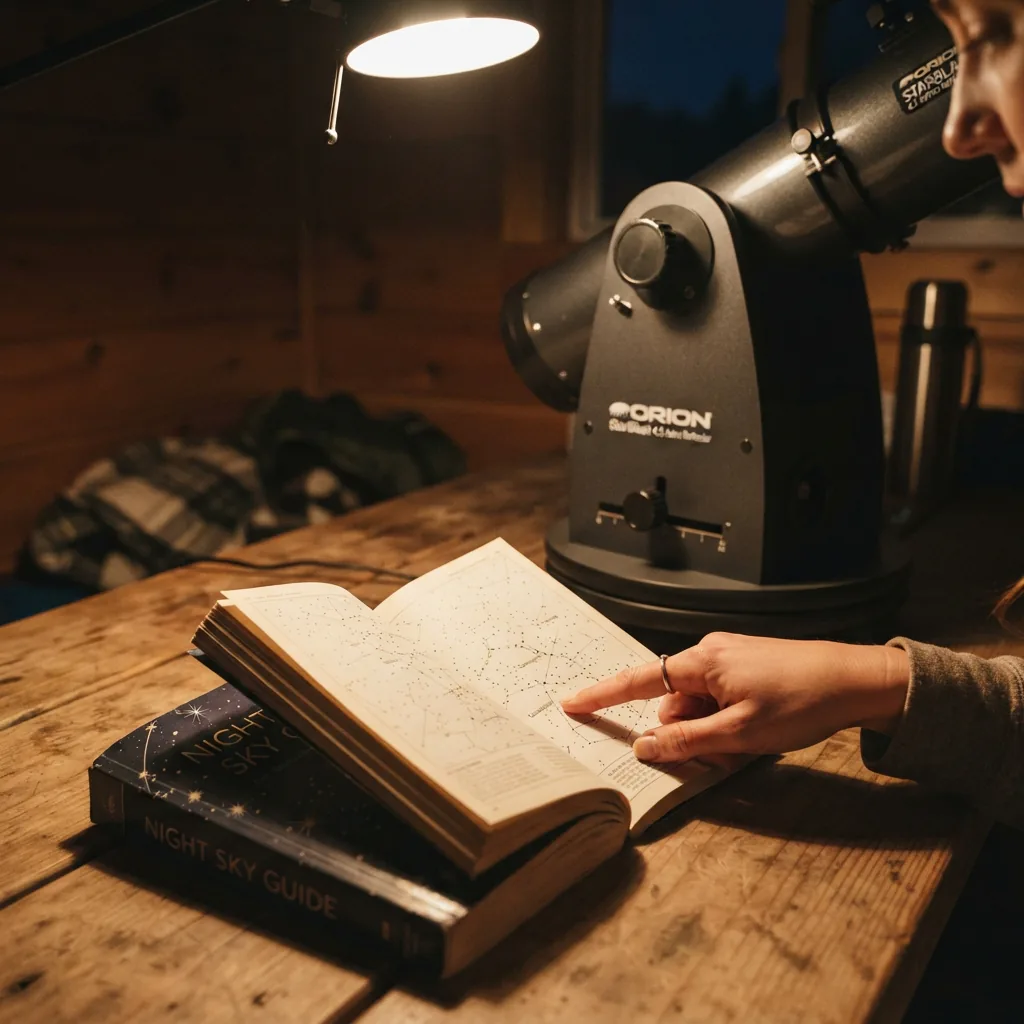 The constellation guide open next to the telescope, with a hand pointing to a star pattern.