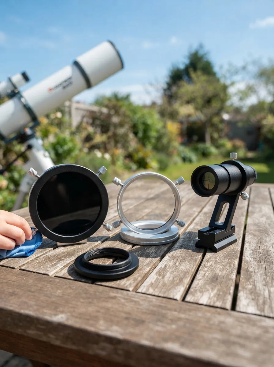 A variety of Orion solar filters and accessories, including film filters, glass filters, and a solar finder, arranged on a table next to a telescope under a daytime sky.