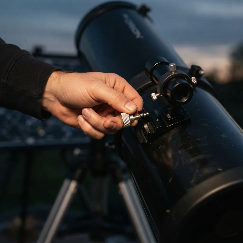 Attaching the finder scope to the side of the Orion XT8 telescope tube.