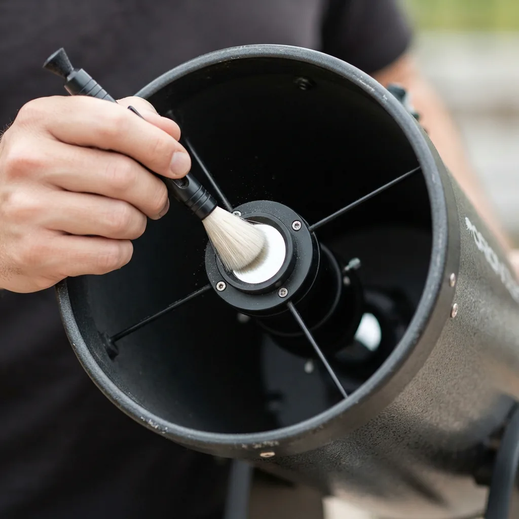 A hand using the lens pen on the telescope's secondary mirror holder.