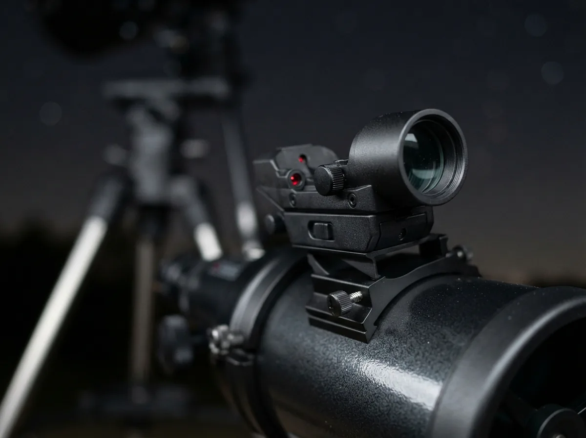 Close-up of the telescope's EZ Finder II dot scope attached to the tube.