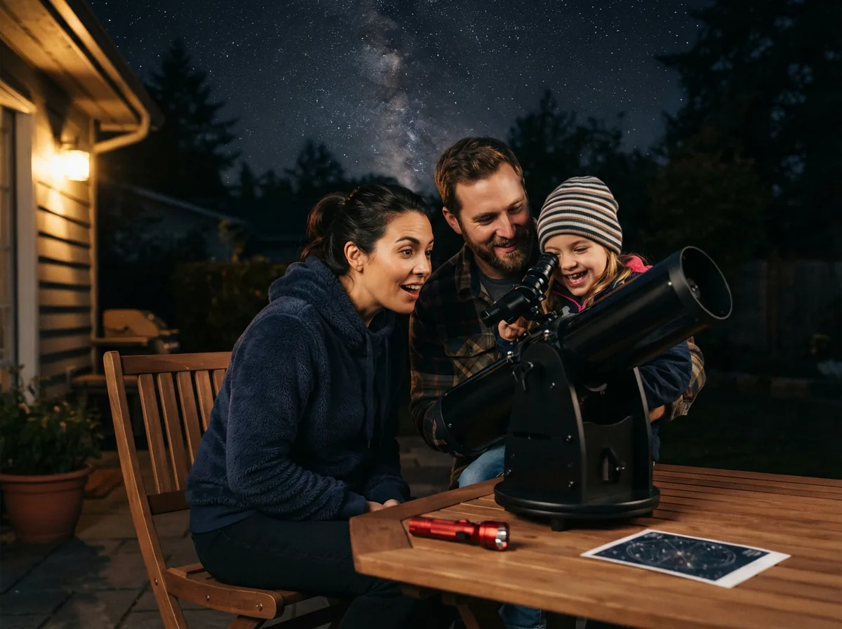 A family enjoying a stargazing session with the Orion StarBlast telescope on a patio table.