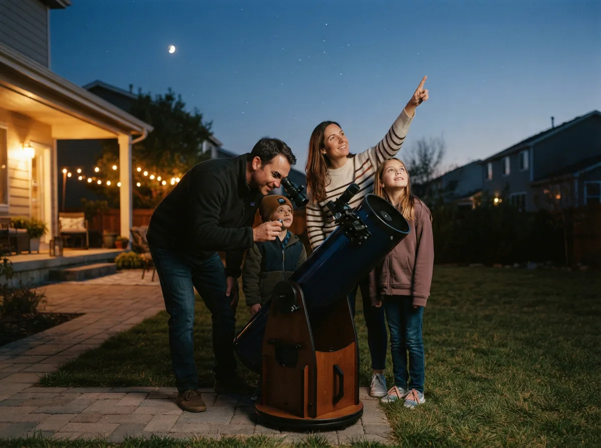 A family gathered around the XT6 telescope in a backyard, enjoying a stargazing session.