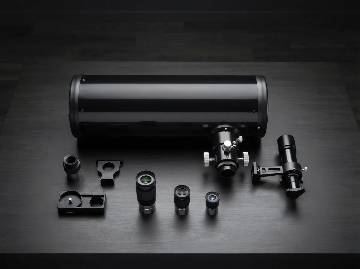 Included accessories for the Orion XT8 telescope laid out neatly next to the optical tube.