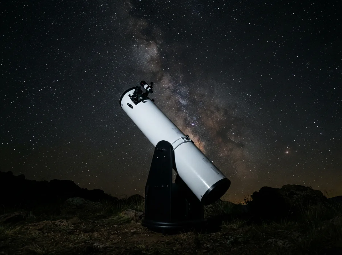 The Orion SkyQuest XT10 Classic Dobsonian Telescope pointed at a starry night sky.