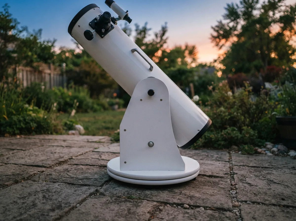 The base of the Orion XT8 Dobsonian telescope showing its simple, sturdy design on a patio.