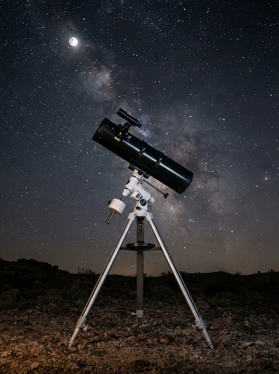 The Orion SpaceProbe II 76 Telescope on its tripod against a clear night sky.