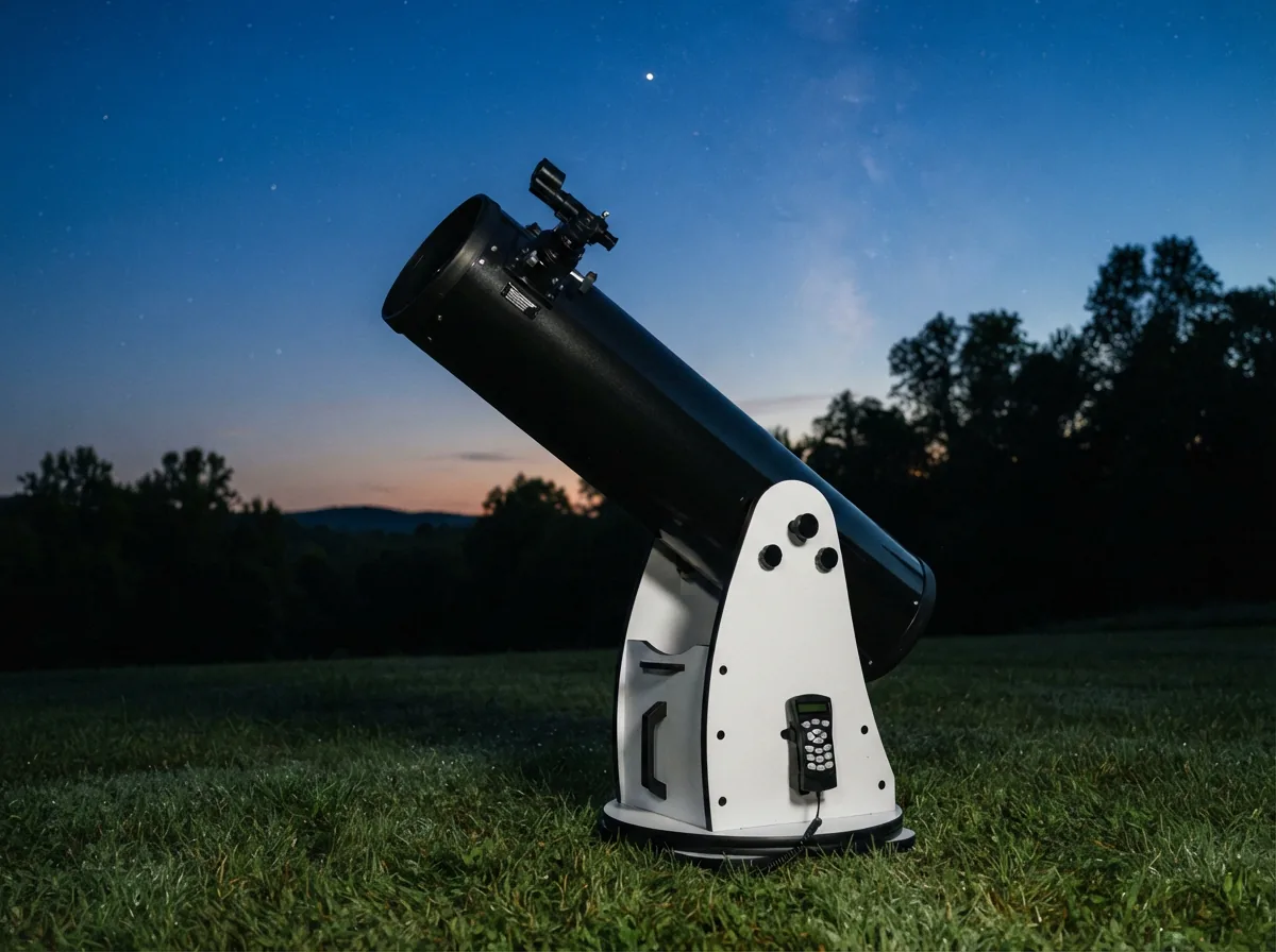 Orion SkyQuest XT10 telescope pointed at a starry night sky, showing the large optical tube and Dobsonian base.