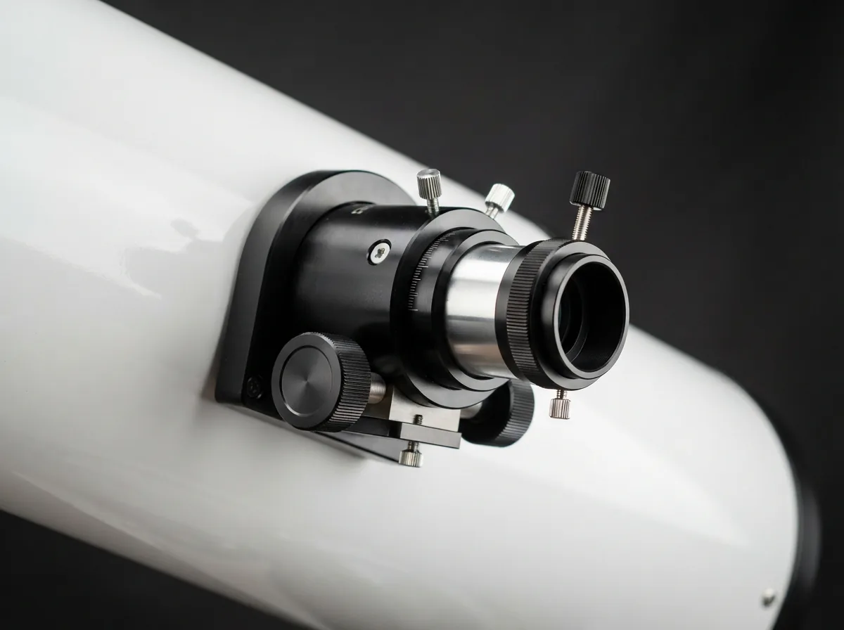 Detailed view of the Orion XT8's 2-inch Crayford focuser and the optical tube assembly.