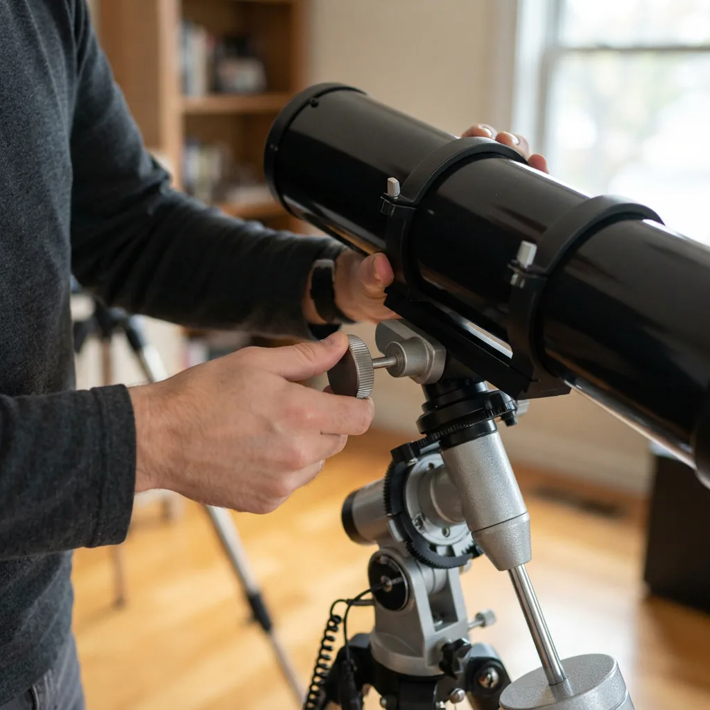 Hands attaching the Orion SpaceProbe 130ST optical tube to the equatorial mount head.