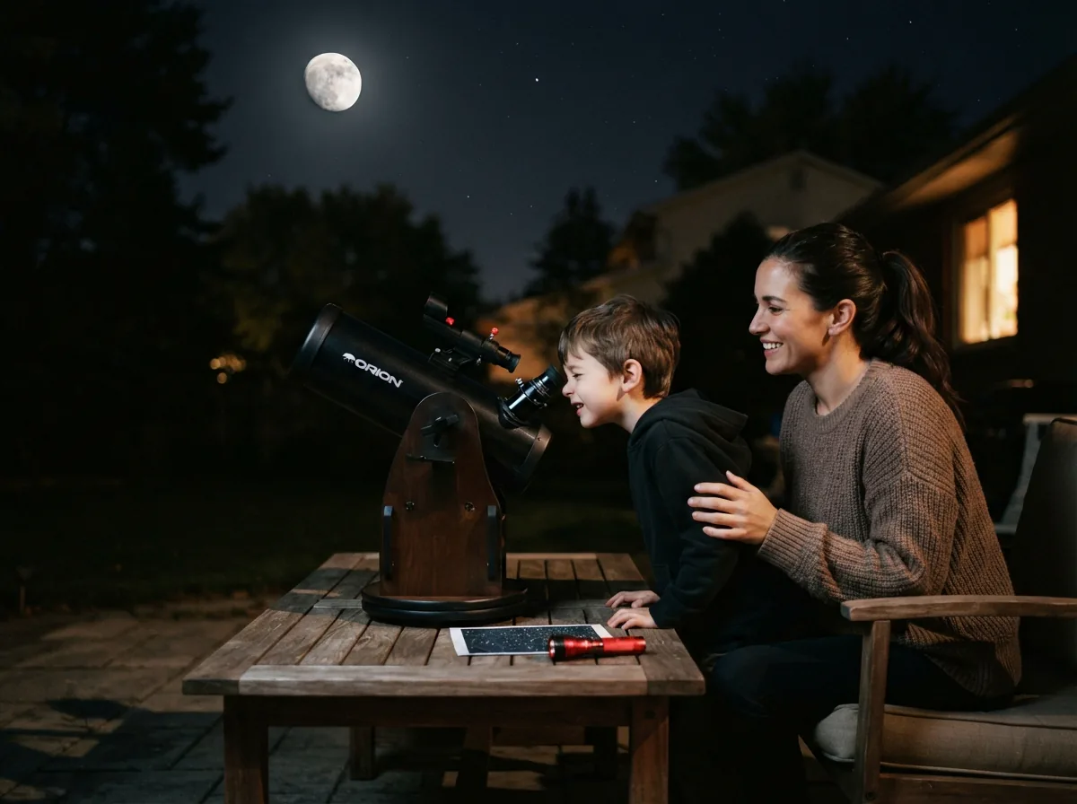 A family gathered around the telescope in a backyard at night, looking at the Moon.