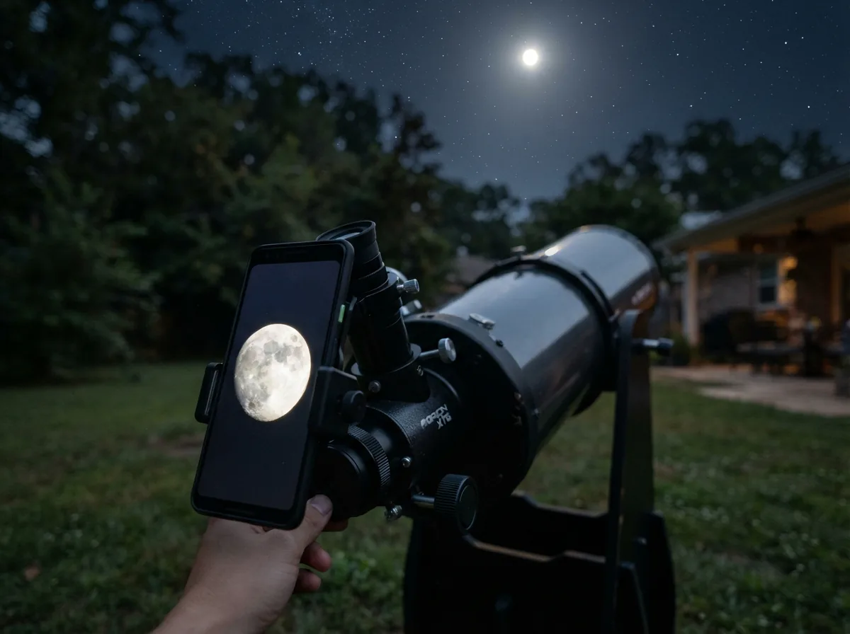 A smartphone mounted on the Orion XT6 telescope eyepiece, displaying a live view of the Moon on its screen.