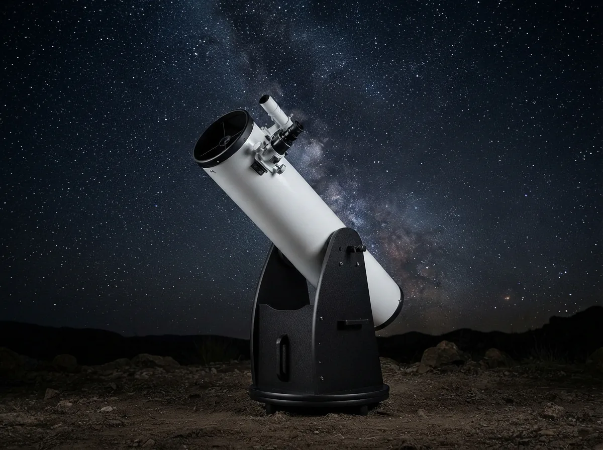 A detailed view of the Orion SkyQuest XT6 telescope pointed at a starry night sky.