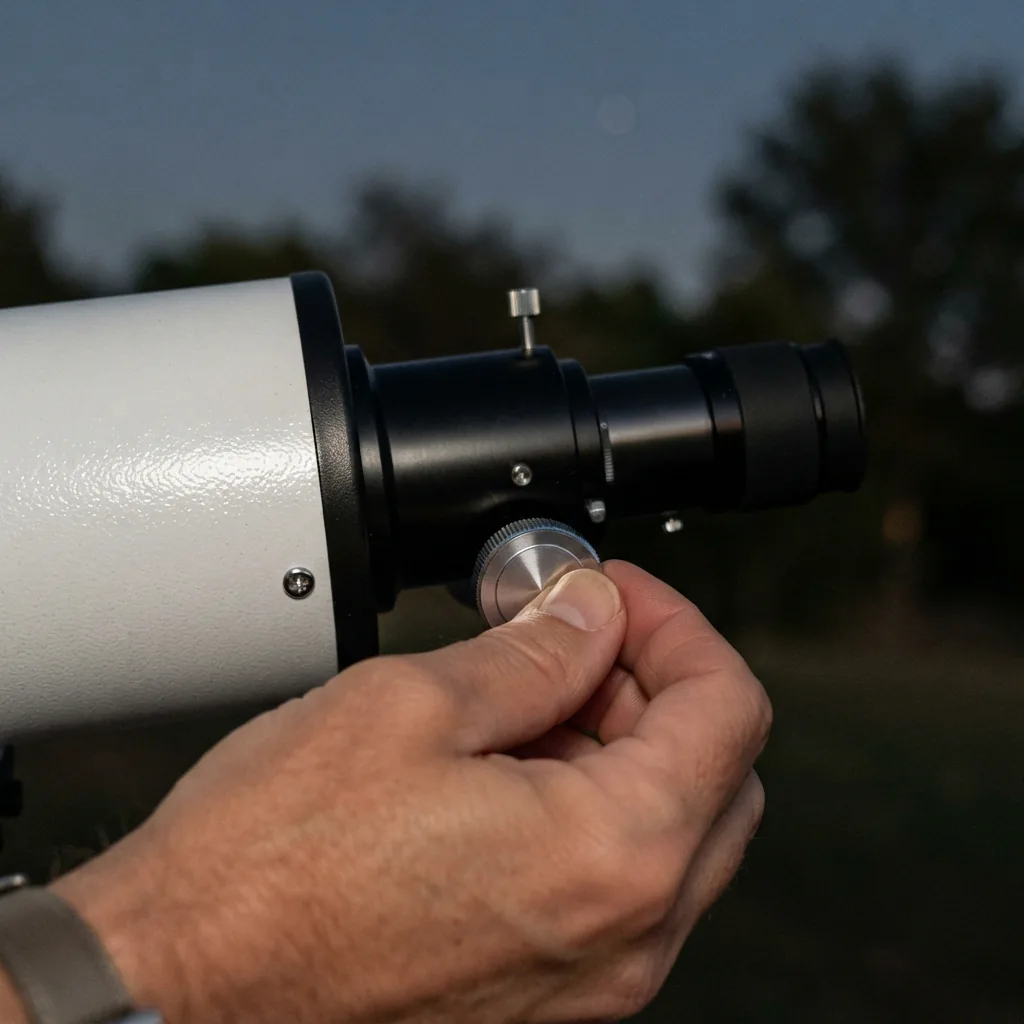 A hand adjusting the smooth 2-inch Crayford focuser on the Orion XT6 telescope.