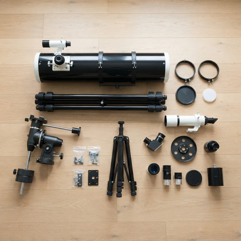 The Orion SpaceProbe 130ST telescope components carefully unpacked and organized on a clean floor.