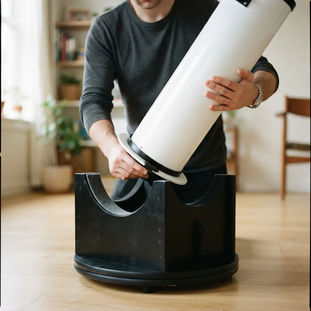 Placing the optical tube onto the assembled base.
