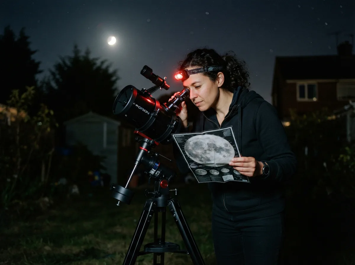 A person looking through the eyepiece of the Orion StarBlast II telescope while consulting the included MoonMap 260.