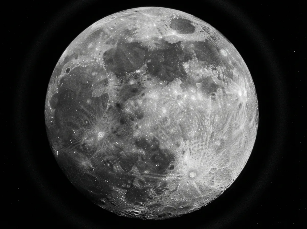 A close-up view through the telescope eyepiece showing a magnified, detailed image of the moon's surface.