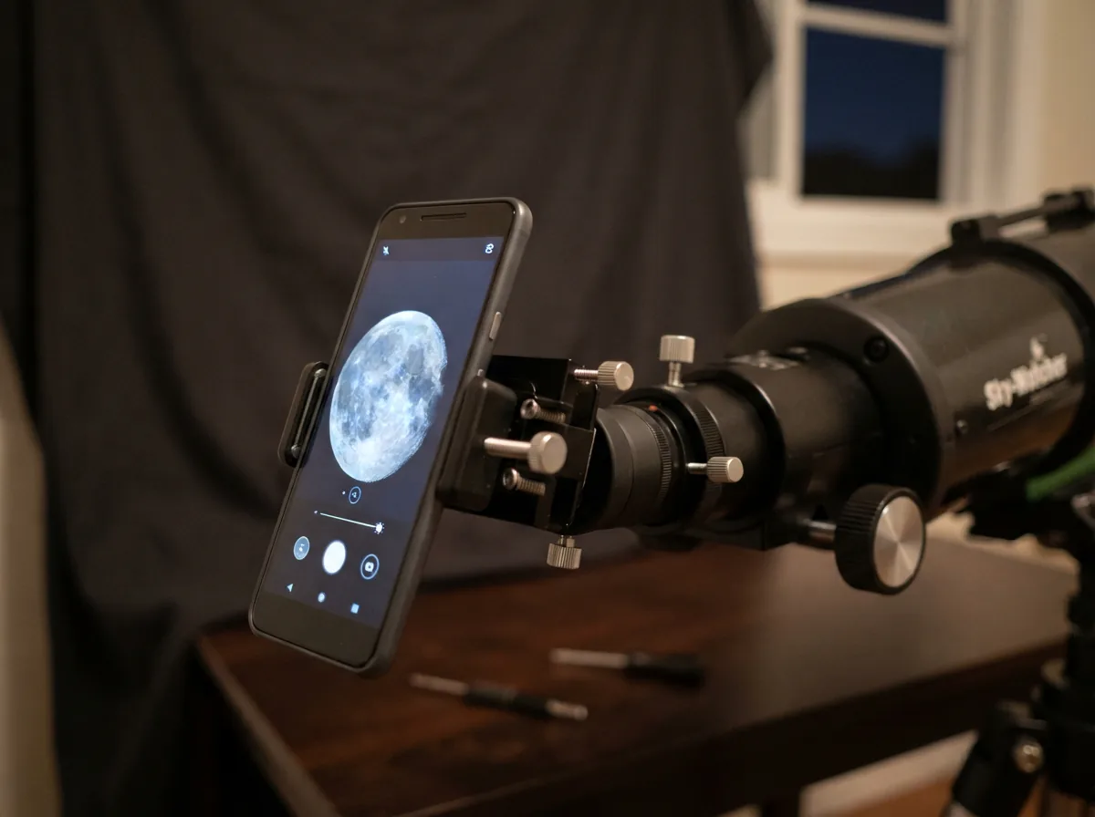 A smartphone mounted on a telescope, capturing an image of the moon through the eyepiece.