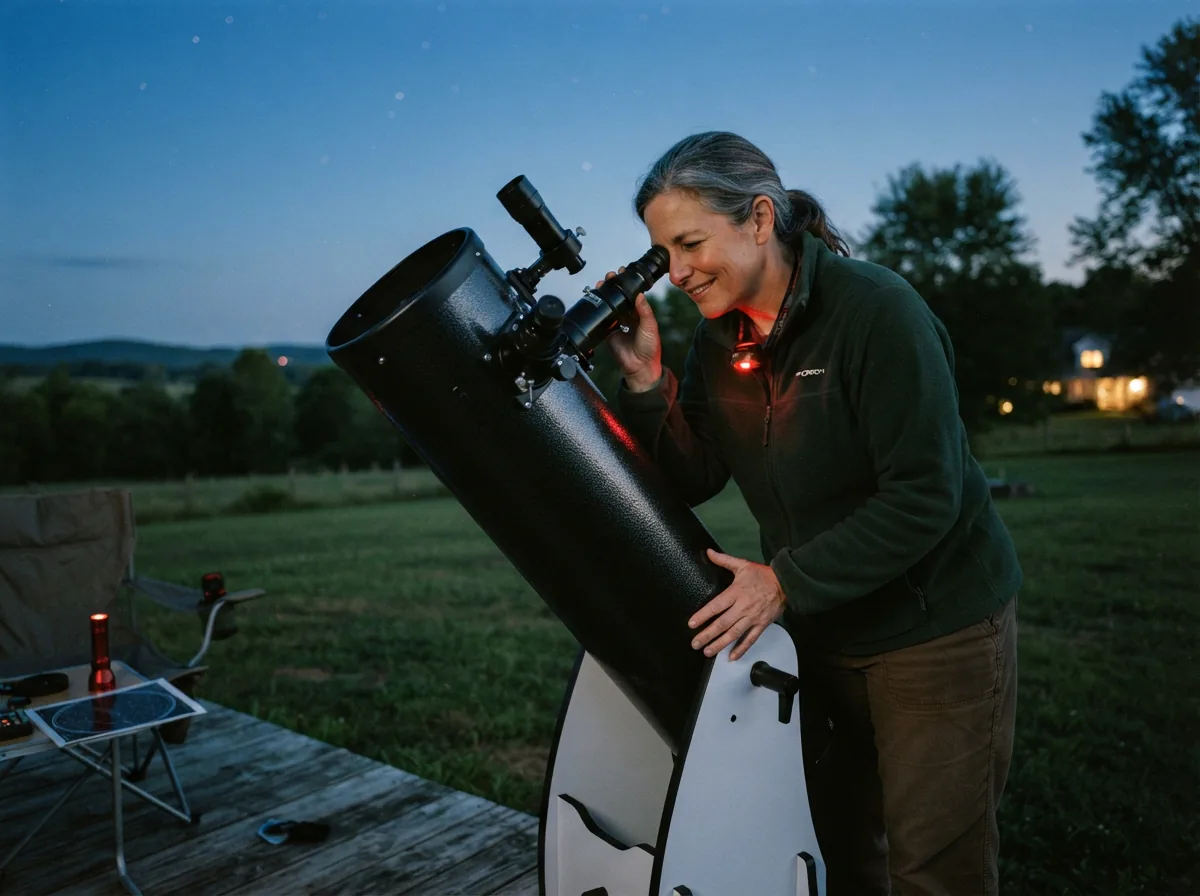 A person using the Orion SkyQuest XT10 telescope to observe the night sky, easily adjusting its position with one hand on the base.