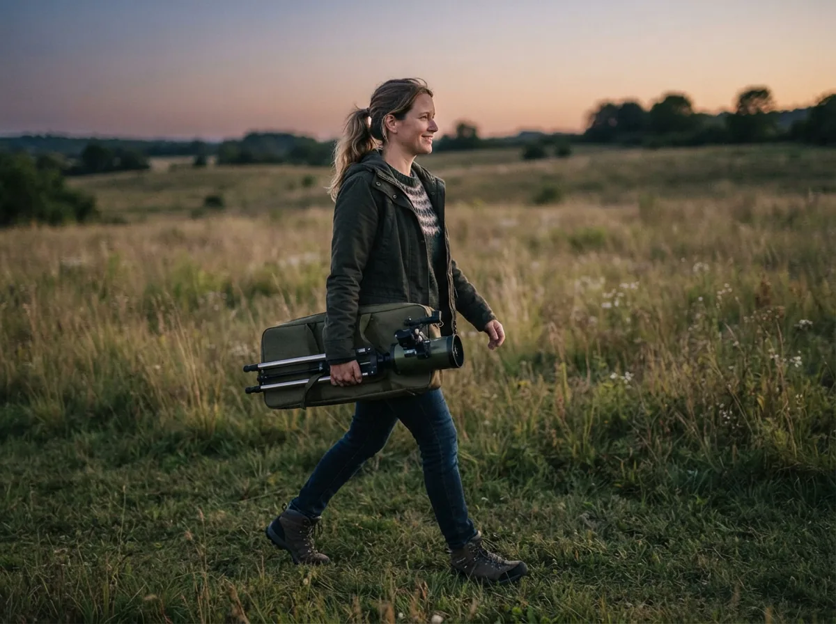 A person carrying the Orion StarBlast II telescope tube and tripod in a soft carrying case under their arm.