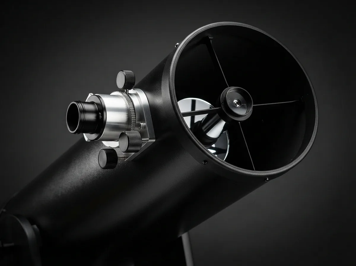 Close-up of the Orion XT8 Dobsonian telescope's secondary mirror and focuser, showing high-quality coatings.