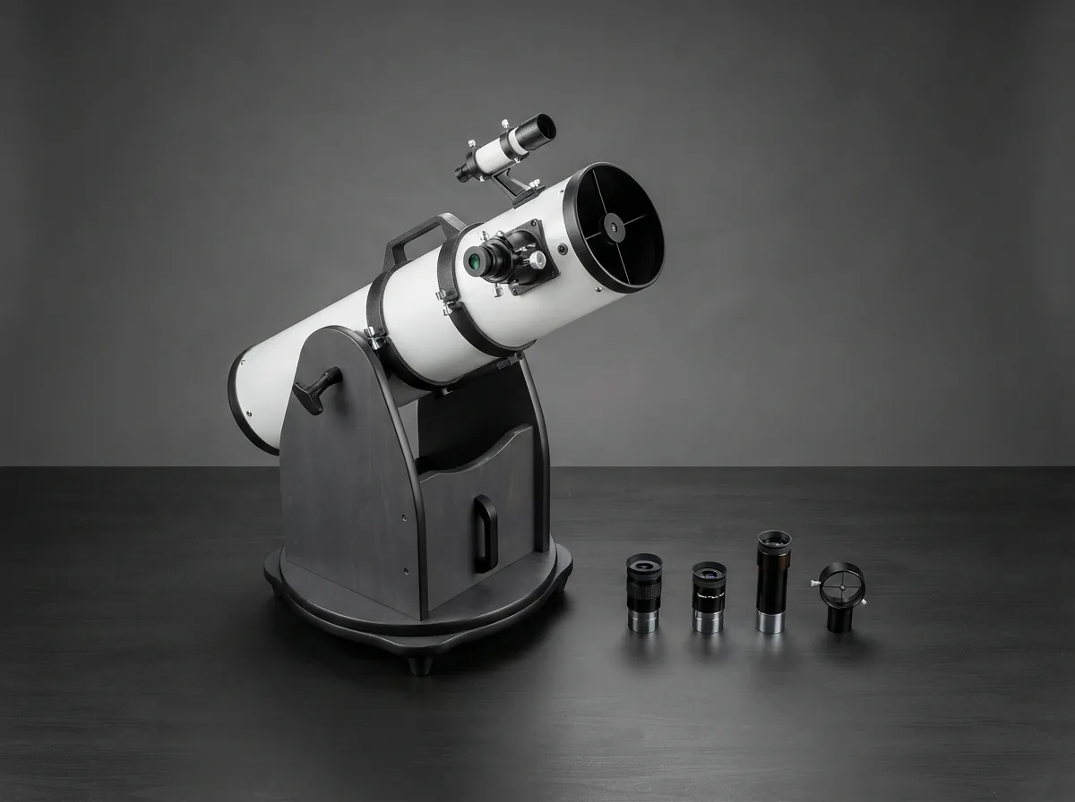 The Orion XT6 telescope shown with its included accessories laid out neatly beside it, ready for a stargazing session.