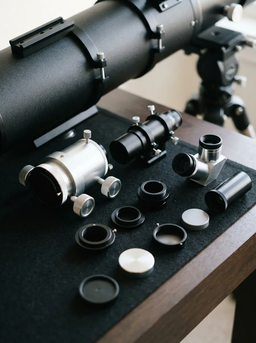 A variety of Orion telescope accessories neatly arranged on a table next to a telescope, including adapters, a focuser, and a diagonal mirror.
