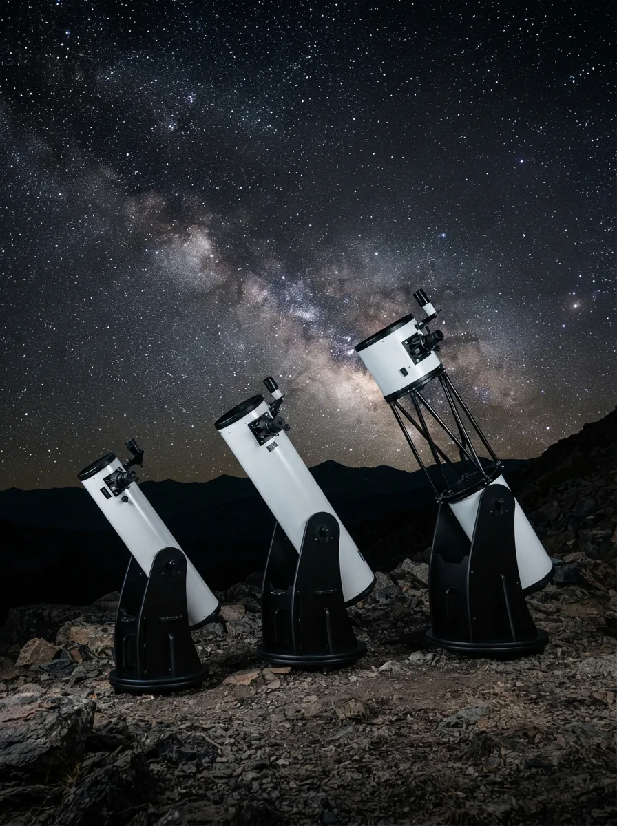 A lineup of Dobsonian telescopes of various sizes displayed against a starry night backdrop.