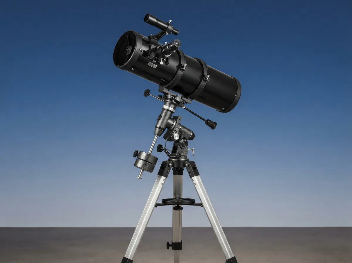 The Orion StarBlast II 4.5 EQ Telescope fully assembled on its tripod under a twilight sky.