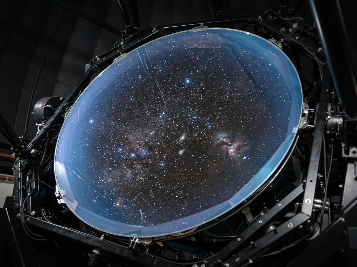 Close-up of the high-quality primary mirror showing its reflective aluminum and silicon dioxide coating.
