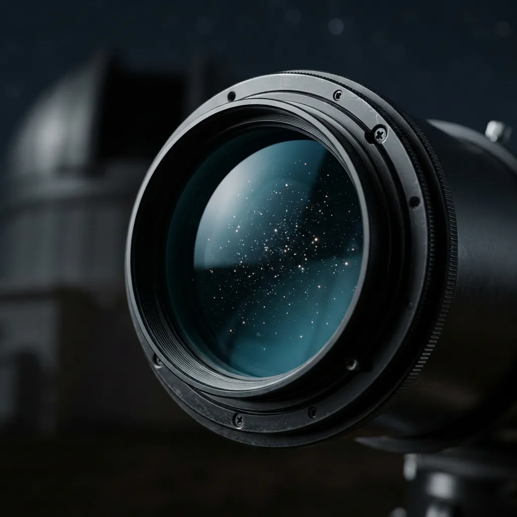 Close-up of a telescope lens reflecting starlight.
