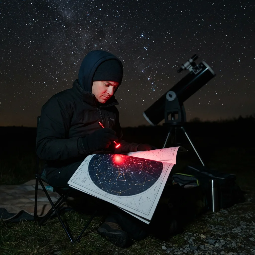 A person using the included Orion Deep Map star chart under a red flashlight.