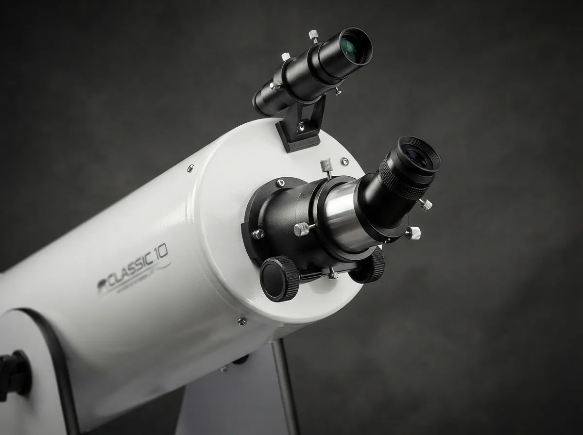 A technical close-up of the Orion SkyQuest XT10 telescope's optical tube, highlighting the steel construction and 2-inch Crayford focuser.