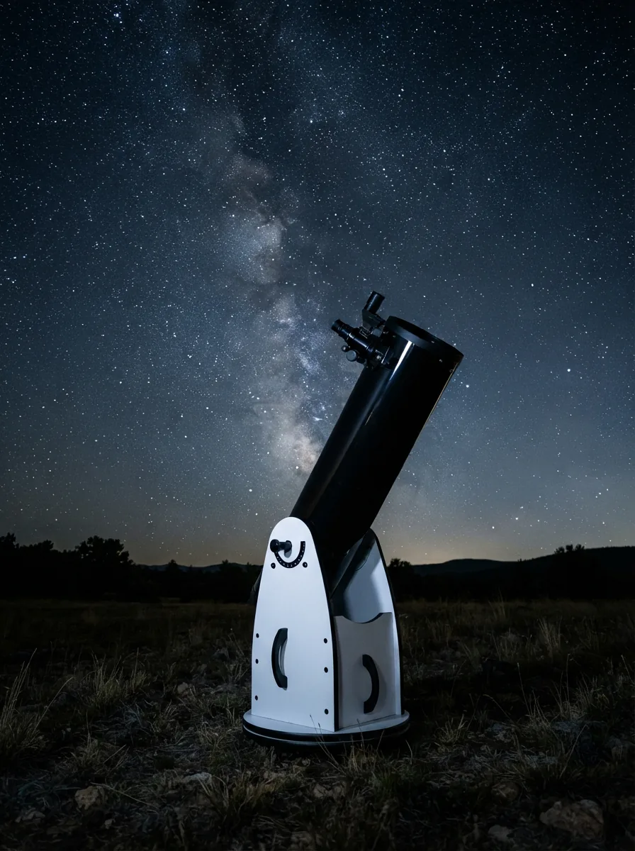 The Orion SkyQuest XT8 Classic Dobsonian Telescope set up outdoors against a starry night sky.
