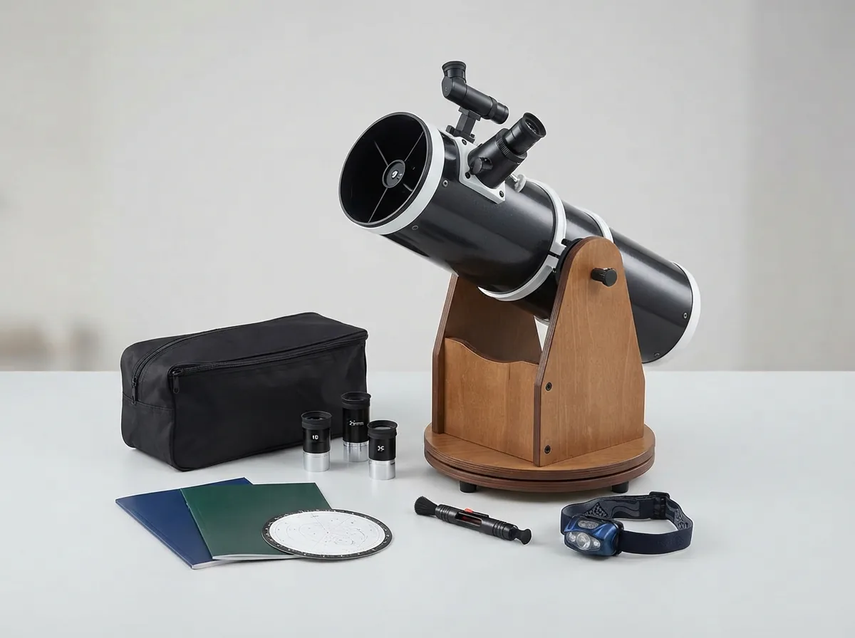 The Orion StarBlast 4.5-inch telescope displayed with its accessory bag, eyepieces, lens pen, and guide books arranged around its base on a clean, neutral surface.