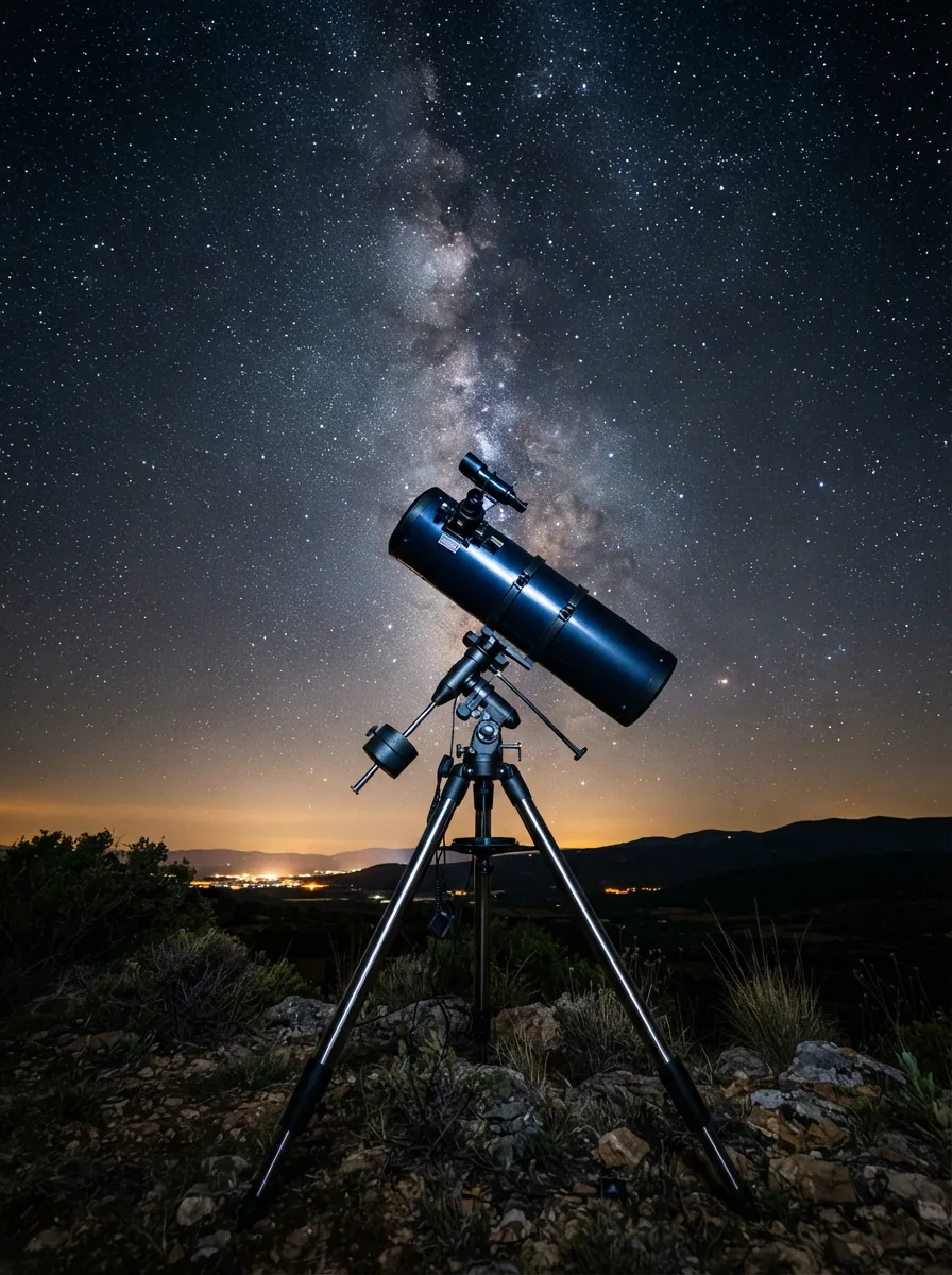 The Orion SpaceProbe 130ST EQ Reflector Telescope set up outdoors under a starry night sky.