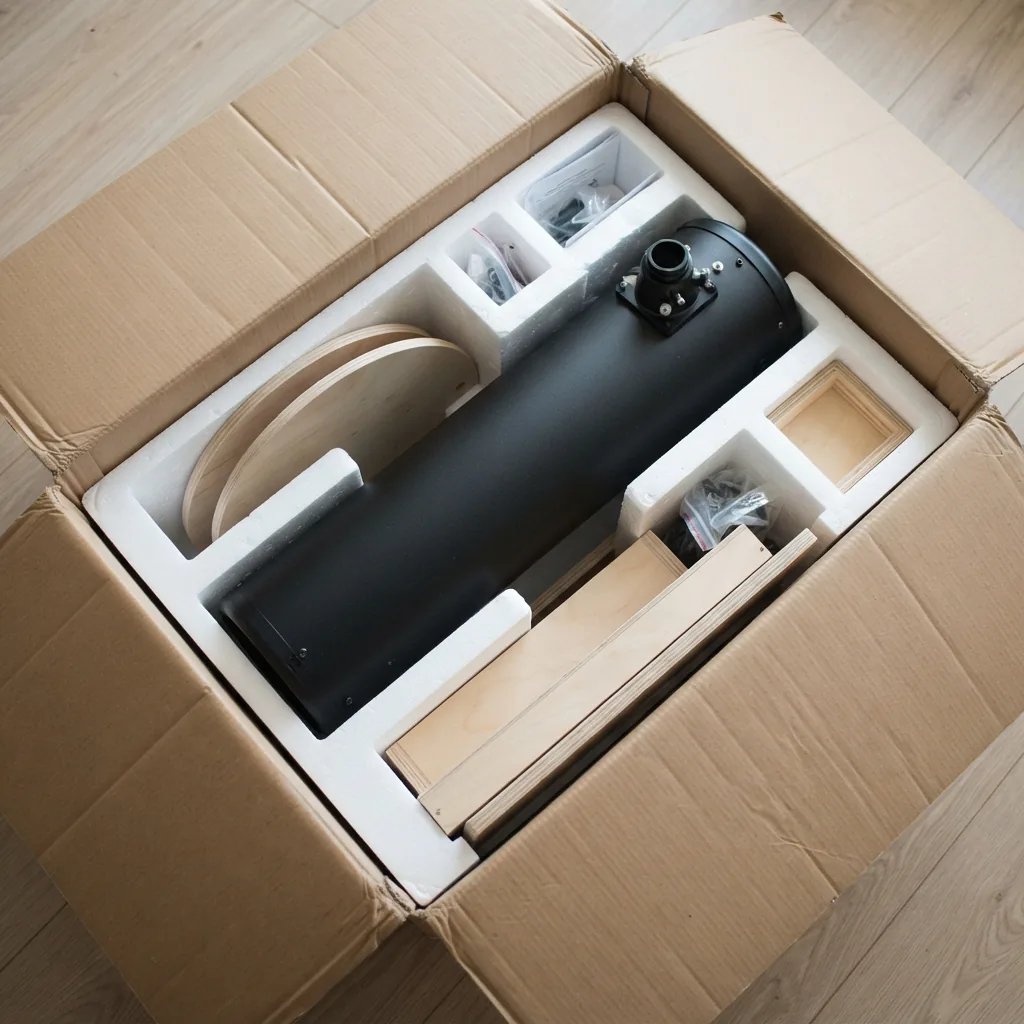 Unboxing the Orion XT8 telescope, showing the protective packaging and components.