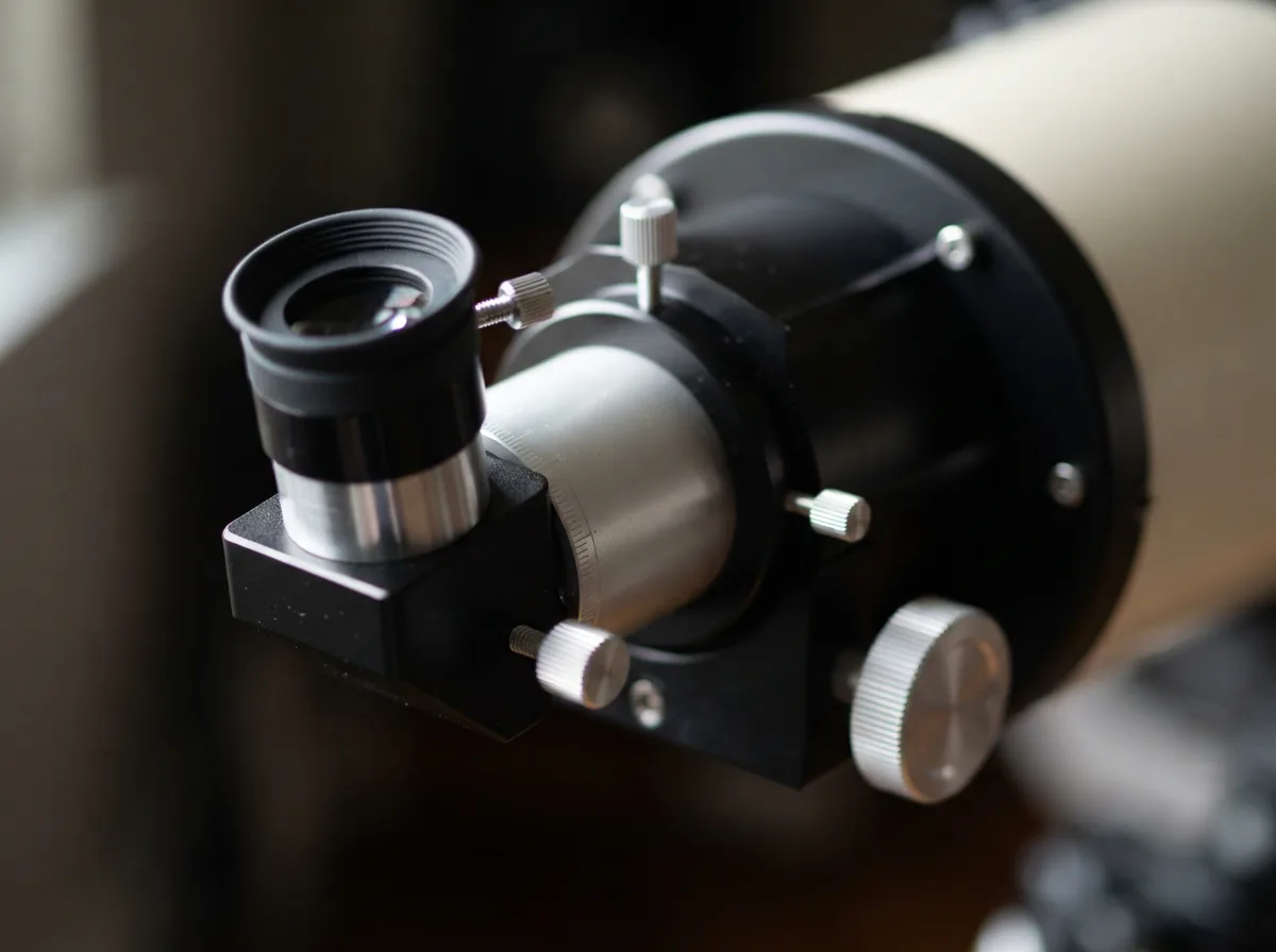 A detailed view of the Orion SkyQuest XT10's Crayford-style focuser and eyepiece, showcasing its smooth, precise adjustment mechanism.
