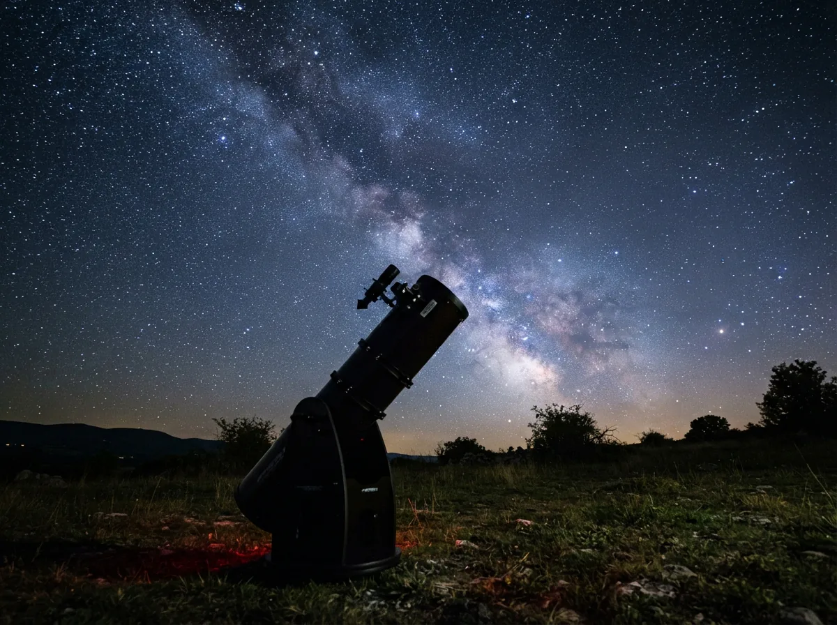 A detailed view of the Orion SkyQuest XT8i telescope pointed at a bright star field.