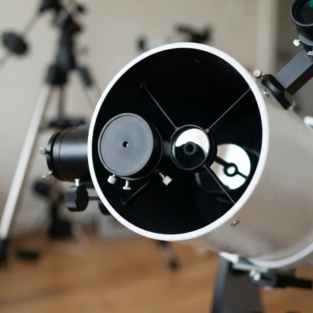 A collimation tool inserted into the focuser of the Orion XT6 telescope for optical alignment.