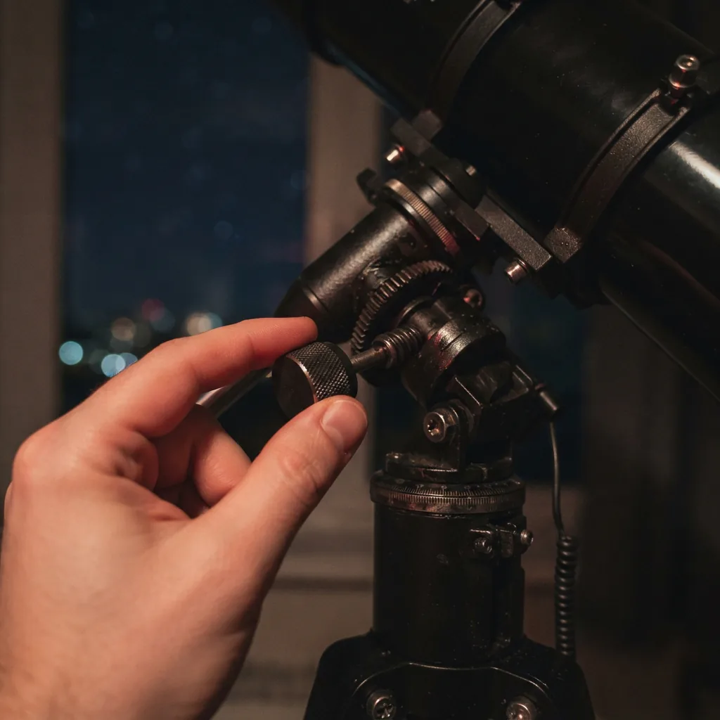 A hand turning the slow-motion control knob on the Orion SpaceProbe 130ST mount.