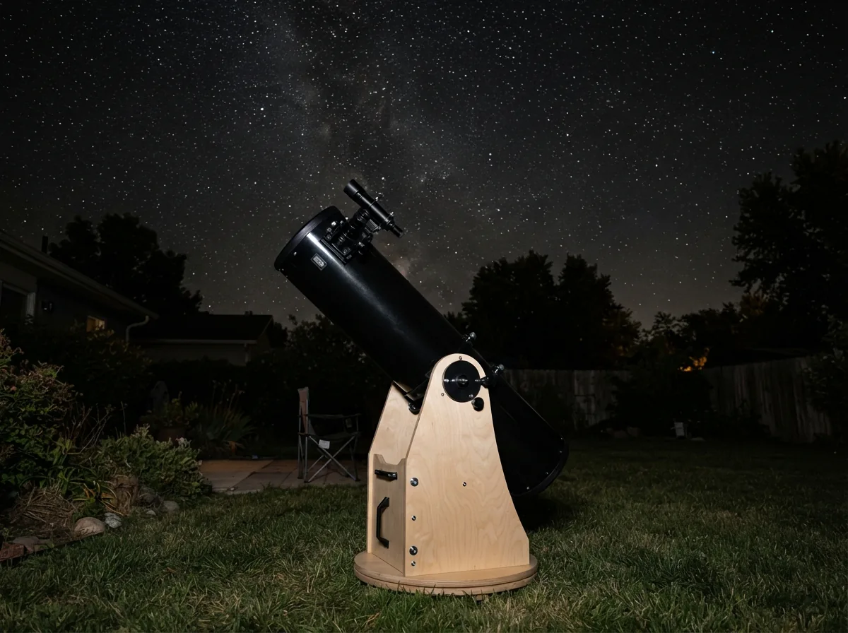 The Orion XT8 Dobsonian telescope assembled and pointed upwards on its simple wooden base.
