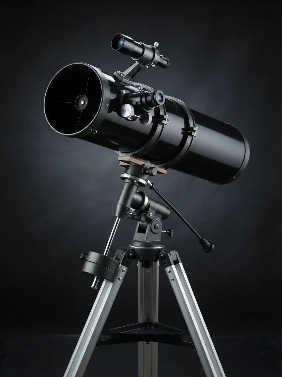 The Orion SpaceProbe 130ST EQ Reflector Telescope as the main subject against a dark background.