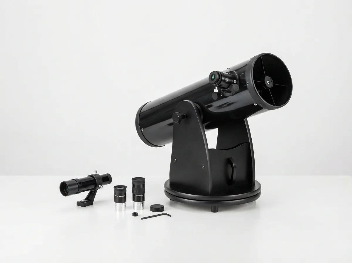 The Orion StarBlast telescope box with included accessories laid out neatly.